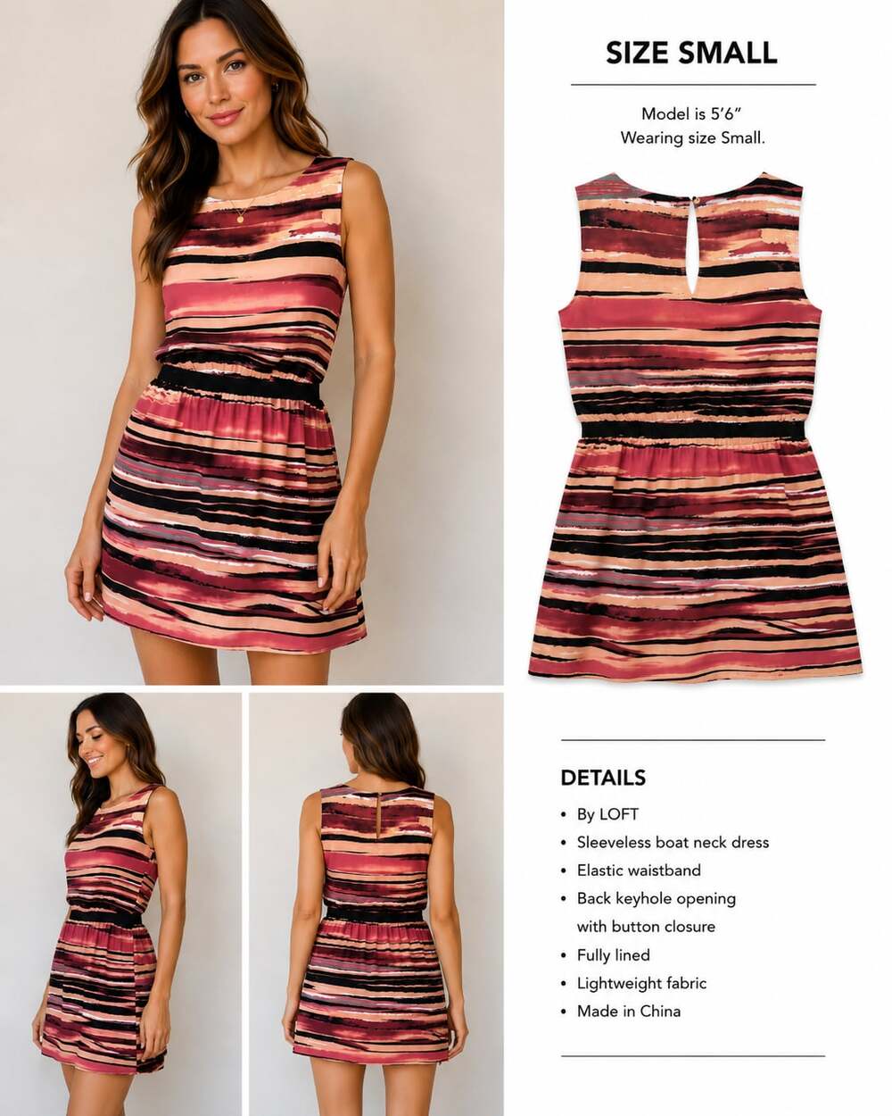 LOFT Womens Striped Sleeveless Dress Small Boat Neck Elastic Waist Multicolor